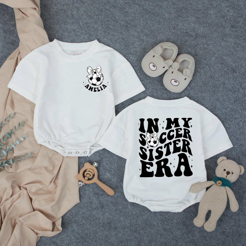 Personalized Soccer Sister Baby Romper with Retro Amelia Design, Toddler Girl Gameday Outfit, Soft Cotton Playful Gift for Birthdays