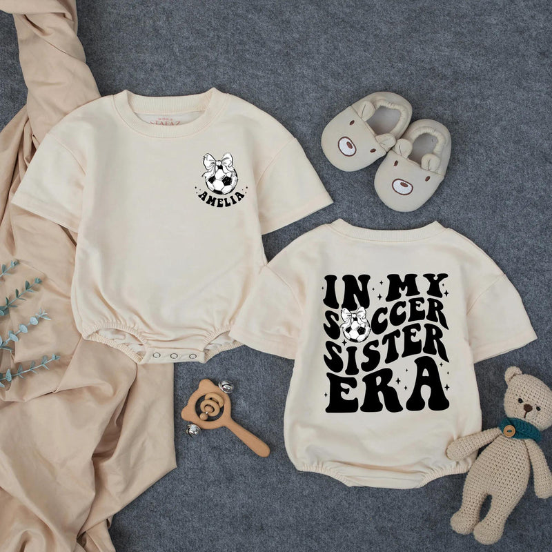 Personalized Soccer Sister Baby Romper with Retro Amelia Design, Toddler Girl Gameday Outfit, Soft Cotton Playful Gift for Birthdays