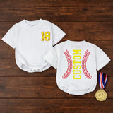 Personalized Softball Baby Romper with Bow Cute Game Day Outfit for Girls Yellow and Red Sports Fan Design Custom Name and Number