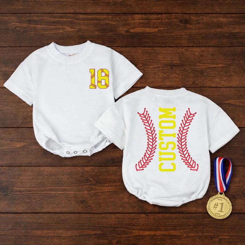 Personalized Softball Baby Romper with Bow Cute Game Day Outfit for Girls Yellow and Red Sports Fan Design Custom Name and Number
