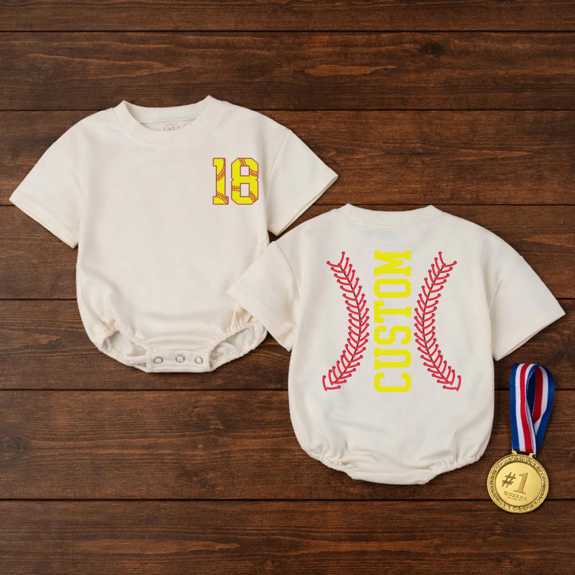 Personalized Softball Baby Romper with Bow Cute Game Day Outfit for Girls Yellow and Red Sports Fan Design Custom Name and Number