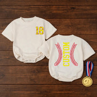 Personalized Softball Baby Romper with Bow Cute Game Day Outfit for Girls Yellow and Red Sports Fan Design Custom Name and Number