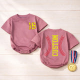 Personalized Softball Baby Romper with Bow Cute Game Day Outfit for Girls Yellow and Red Sports Fan Design Custom Name and Number