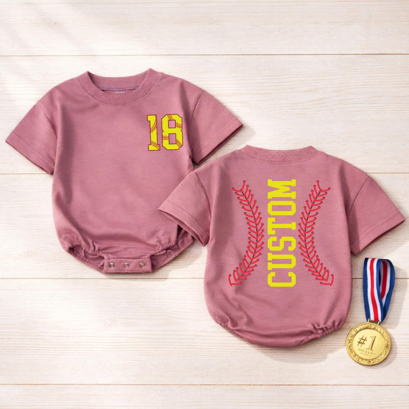 Personalized Softball Baby Romper with Bow Cute Game Day Outfit for Girls Yellow and Red Sports Fan Design Custom Name and Number