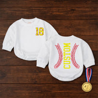 Personalized Softball Baby Romper with Bow Cute Game Day Outfit for Girls Yellow and Red Sports Fan Design Custom Name and Number