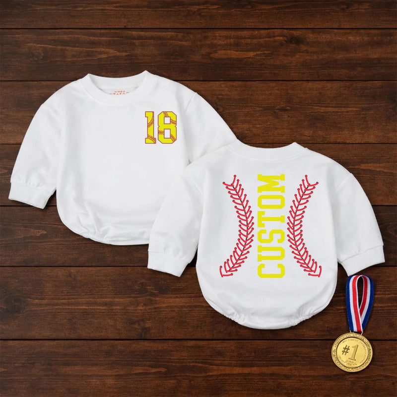 Personalized Softball Baby Romper with Bow Cute Game Day Outfit for Girls Yellow and Red Sports Fan Design Custom Name and Number