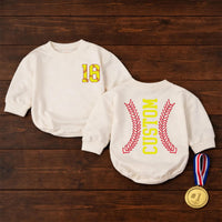 Personalized Softball Baby Romper with Bow Cute Game Day Outfit for Girls Yellow and Red Sports Fan Design Custom Name and Number