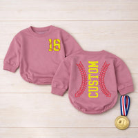 Personalized Softball Baby Romper with Bow Cute Game Day Outfit for Girls Yellow and Red Sports Fan Design Custom Name and Number