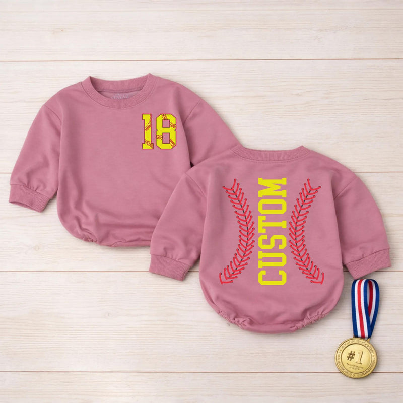 Personalized Softball Baby Romper with Bow Cute Game Day Outfit for Girls Yellow and Red Sports Fan Design Custom Name and Number