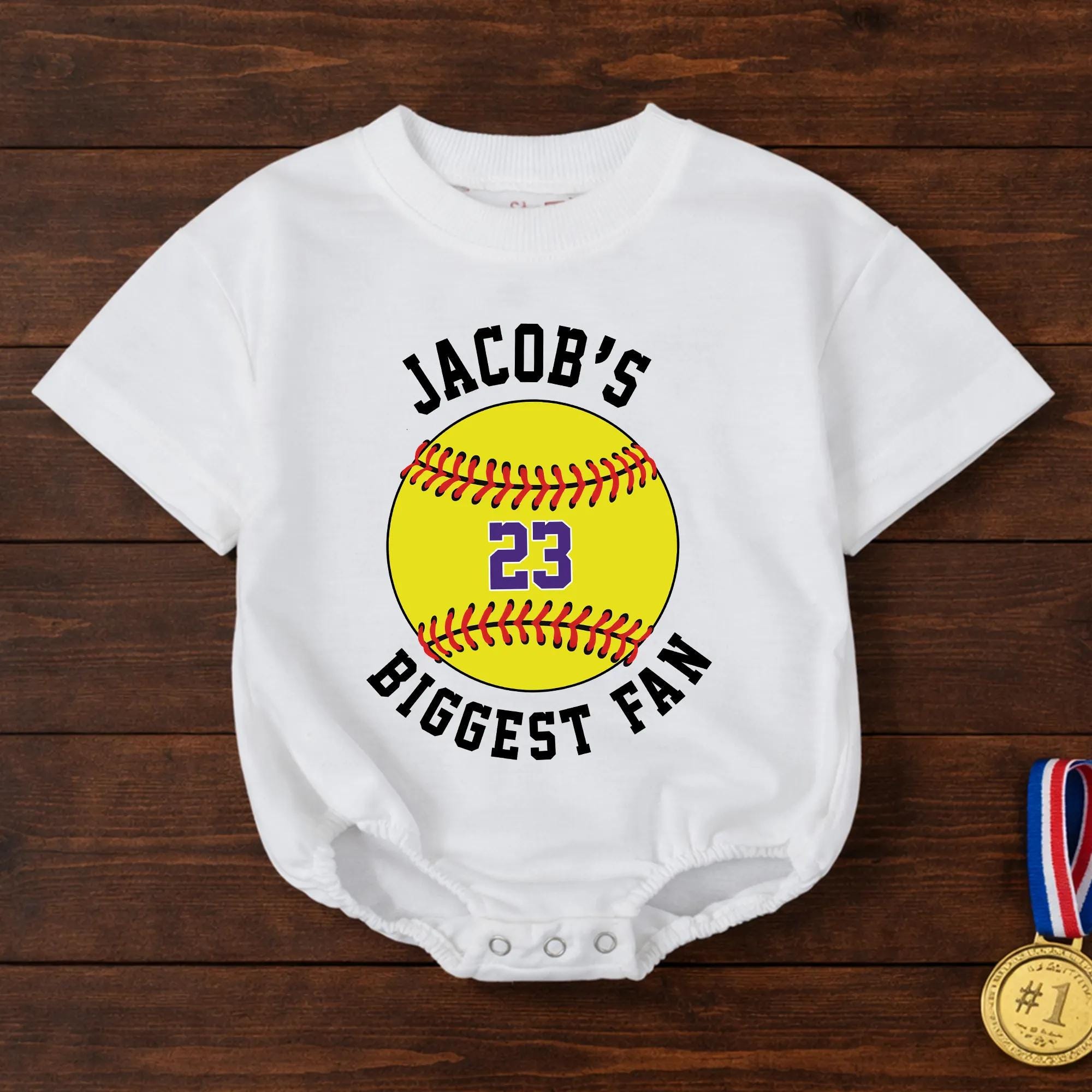 Personalized Softball Bubble Romper with Custom Name and Number Baby Game Day Outfit Yellow Sporty Design Comfortable Cotton Toddler Clothes