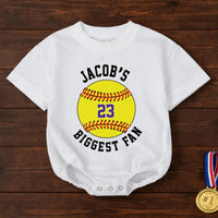 Personalized Softball Bubble Romper with Custom Name and Number Baby Game Day Outfit Yellow Sporty Design Comfortable Cotton Toddler Clothes