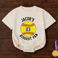 Personalized Softball Bubble Romper with Custom Name and Number Baby Game Day Outfit Yellow Sporty Design Comfortable Cotton Toddler Clothes