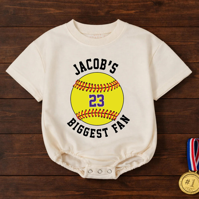 Personalized Softball Bubble Romper with Custom Name and Number Baby Game Day Outfit Yellow Sporty Design Comfortable Cotton Toddler Clothes