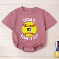 Personalized Softball Bubble Romper with Custom Name and Number Baby Game Day Outfit Yellow Sporty Design Comfortable Cotton Toddler Clothes