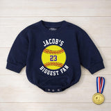 Personalized Softball Bubble Romper with Custom Name and Number Baby Game Day Outfit Yellow Sporty Design Comfortable Cotton Toddler Clothes