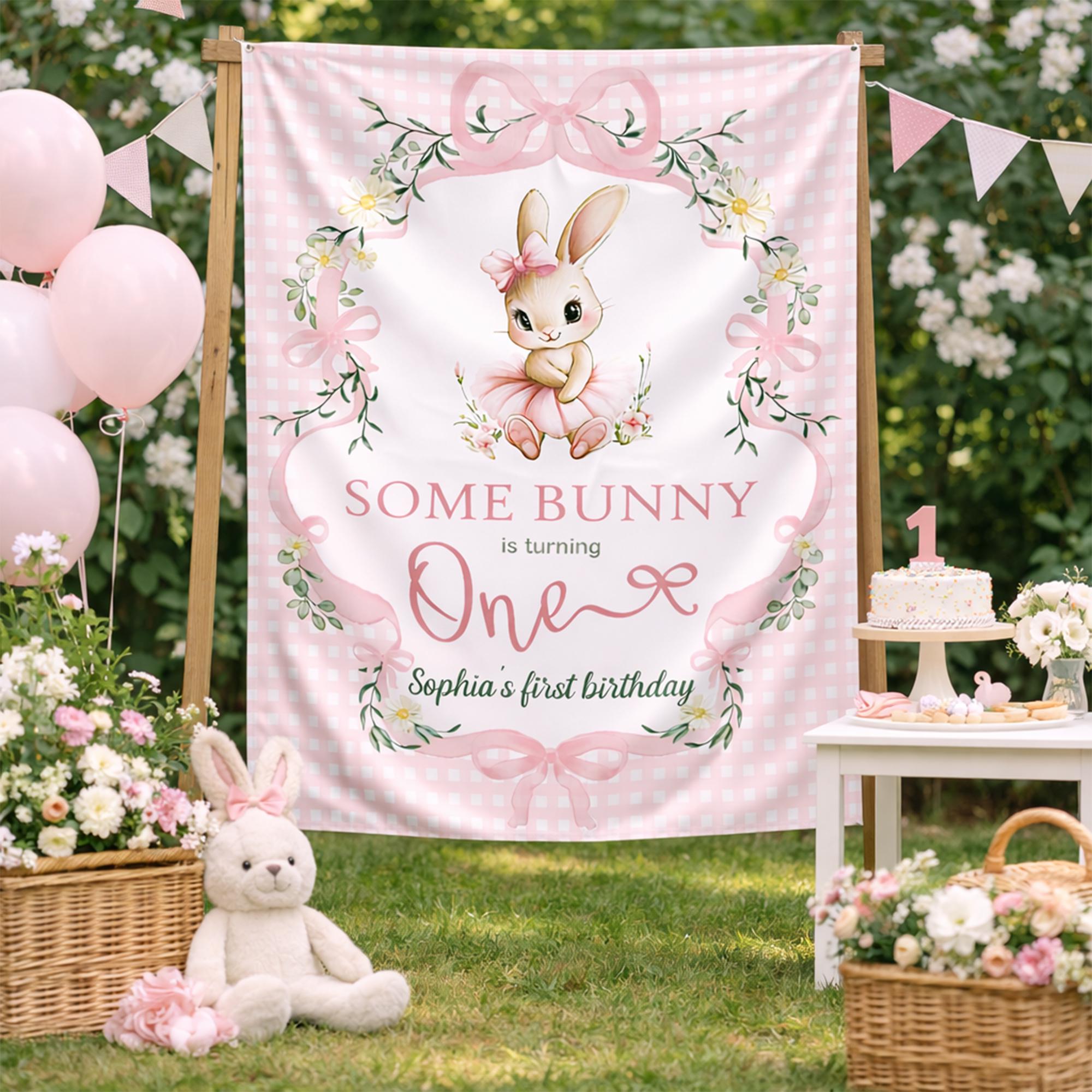 Personalized Some Bunny Is One Birthday Banner with Pink Bunny Tutu Design, Custom Party Backdrop Decor for Baby Girl's 1st Birthday