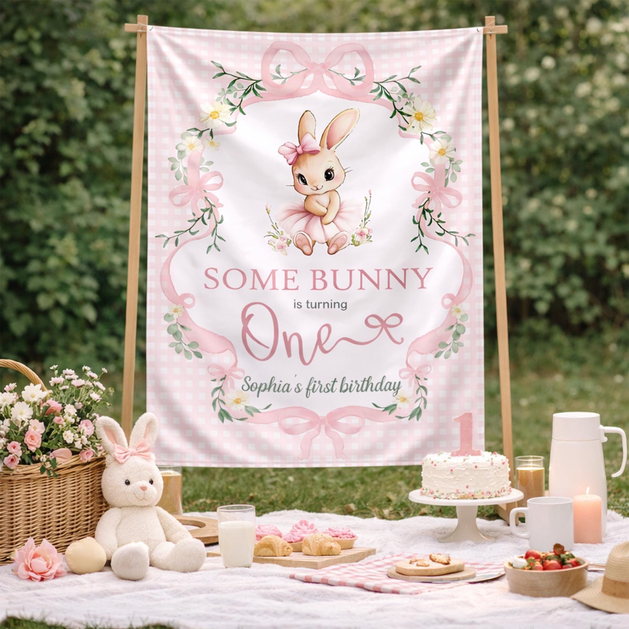Personalized Some Bunny Is One Birthday Banner with Pink Bunny Tutu Design, Custom Party Backdrop Decor for Baby Girl's 1st Birthday