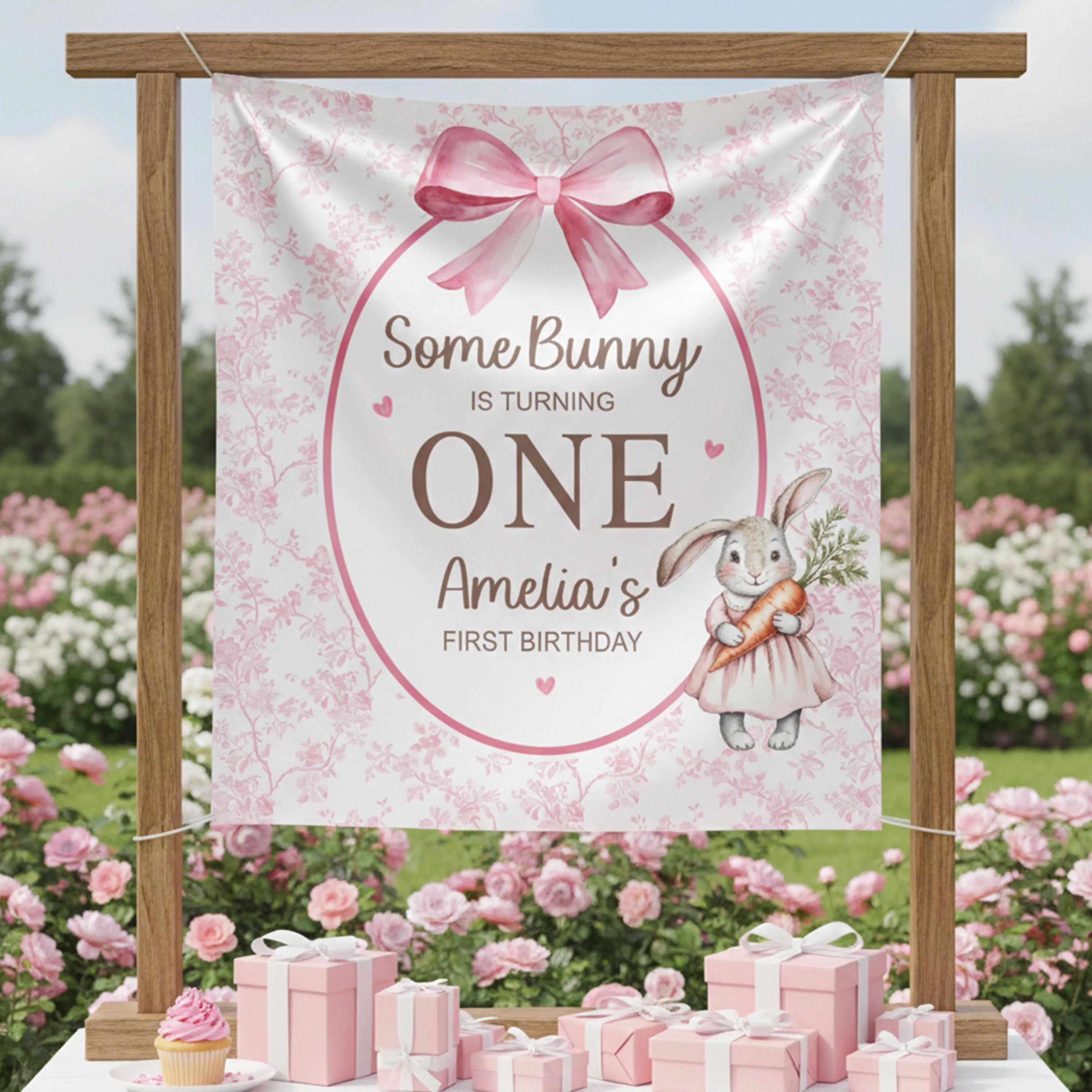 Personalized Some Bunny Is Turning One Silk Banner with Pink Floral Design, Easter First Birthday Backdrop for Baby Girl Party Decor