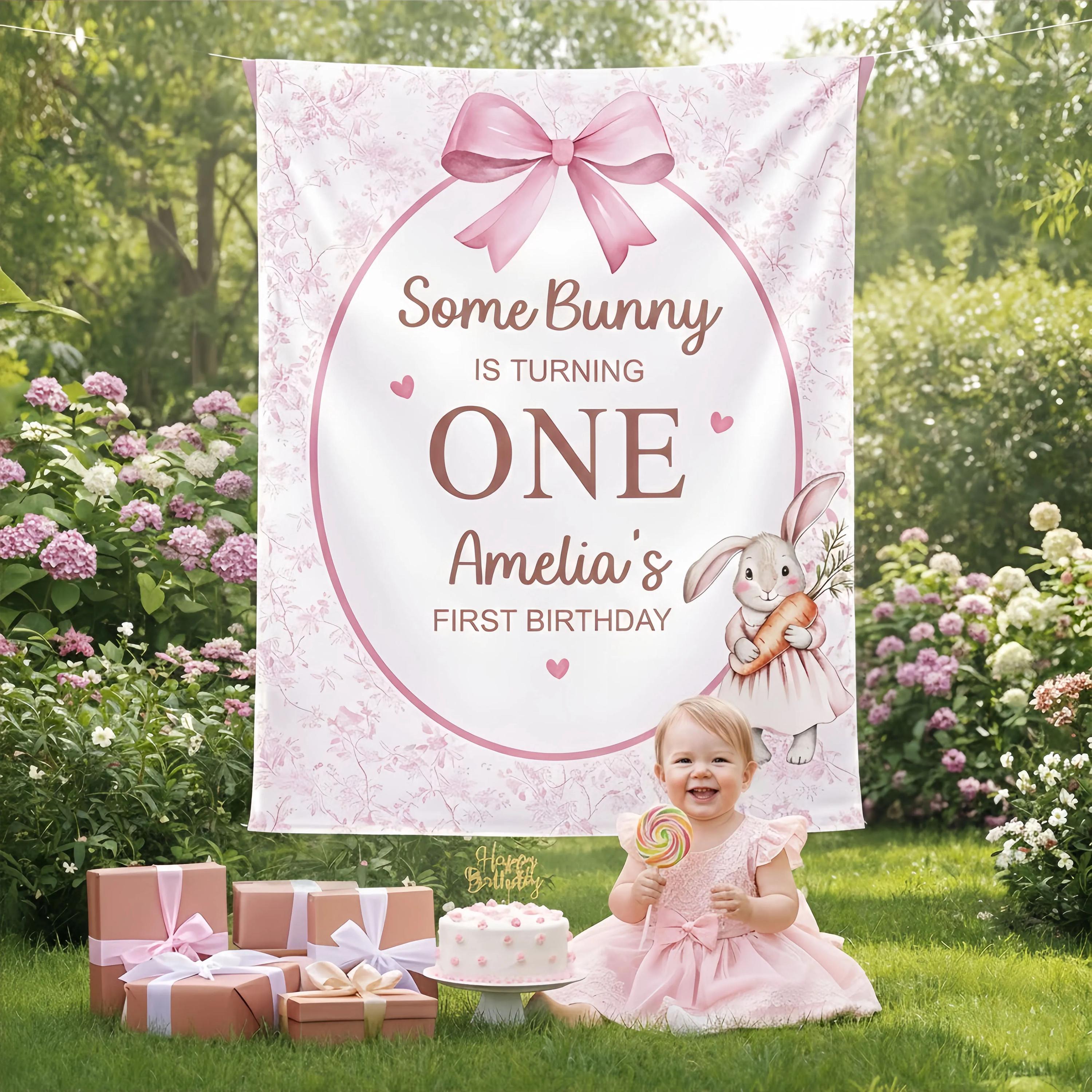 Personalized Some Bunny Is Turning One Silk Banner with Pink Floral Design, Easter First Birthday Backdrop for Baby Girl Party Decor