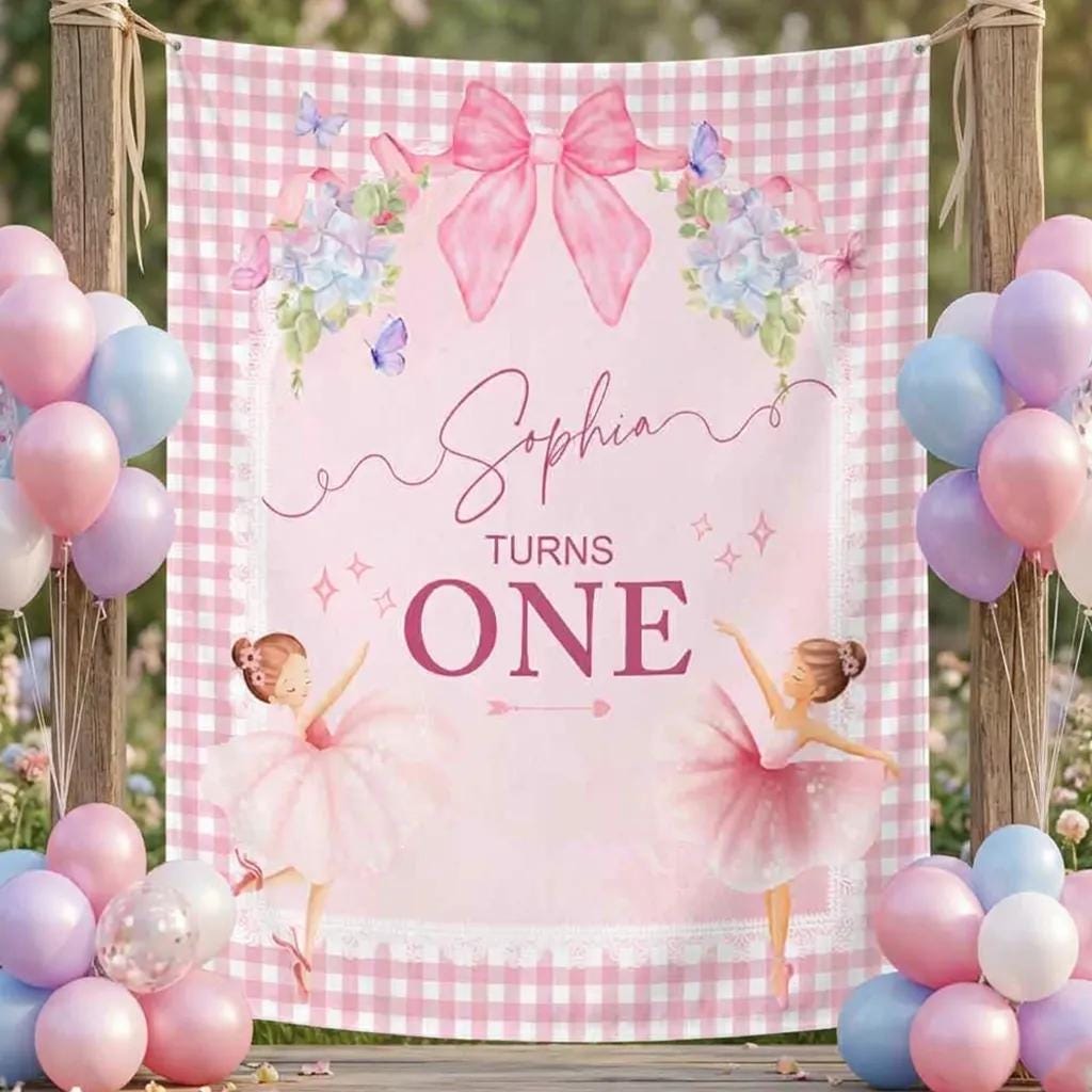 Personalized Sophia Ballet Birthday Banner with Pink Bow Turns One Backdrop for Girl’s First Party, Watercolor Butterflies and Tutus