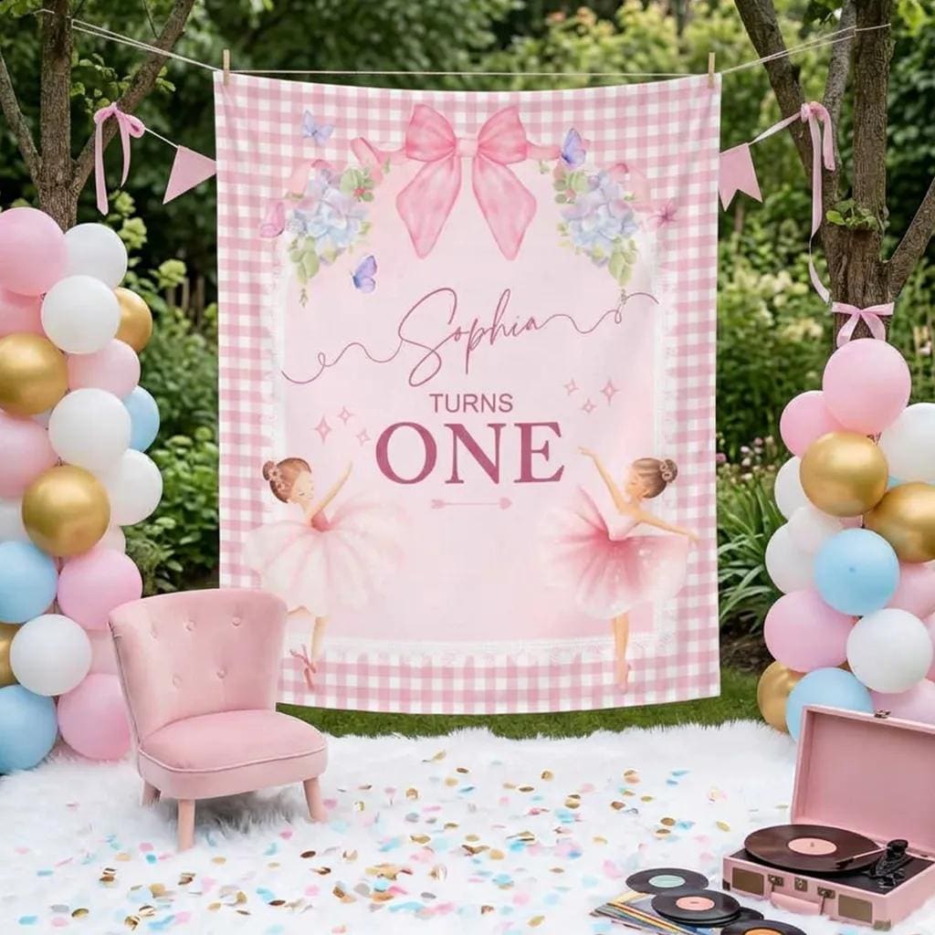 Personalized Sophia Ballet Birthday Banner with Pink Bow Turns One Backdrop for Girl’s First Party, Watercolor Butterflies and Tutus