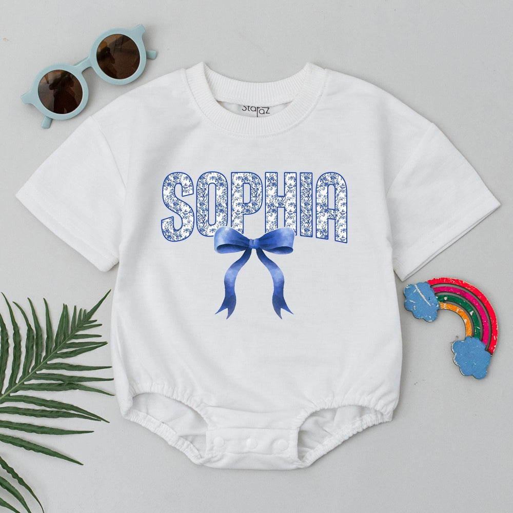 Personalized Sophia Bubble Romper with Blue Bow Chinoiserie Baby Outfit Custom Floral Design for Infant Girl Birthday or Baby Shower Gift