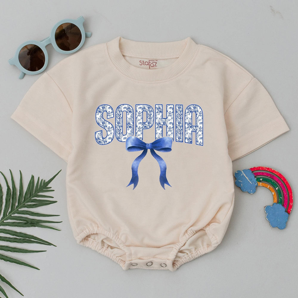 Personalized Sophia Bubble Romper with Blue Bow Chinoiserie Baby Outfit Custom Floral Design for Infant Girl Birthday or Baby Shower Gift