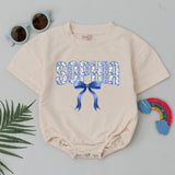Personalized Sophia Bubble Romper with Blue Bow Chinoiserie Baby Outfit Custom Floral Design for Infant Girl Birthday or Baby Shower Gift