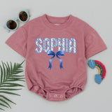 Personalized Sophia Bubble Romper with Blue Bow Chinoiserie Baby Outfit Custom Floral Design for Infant Girl Birthday or Baby Shower Gift