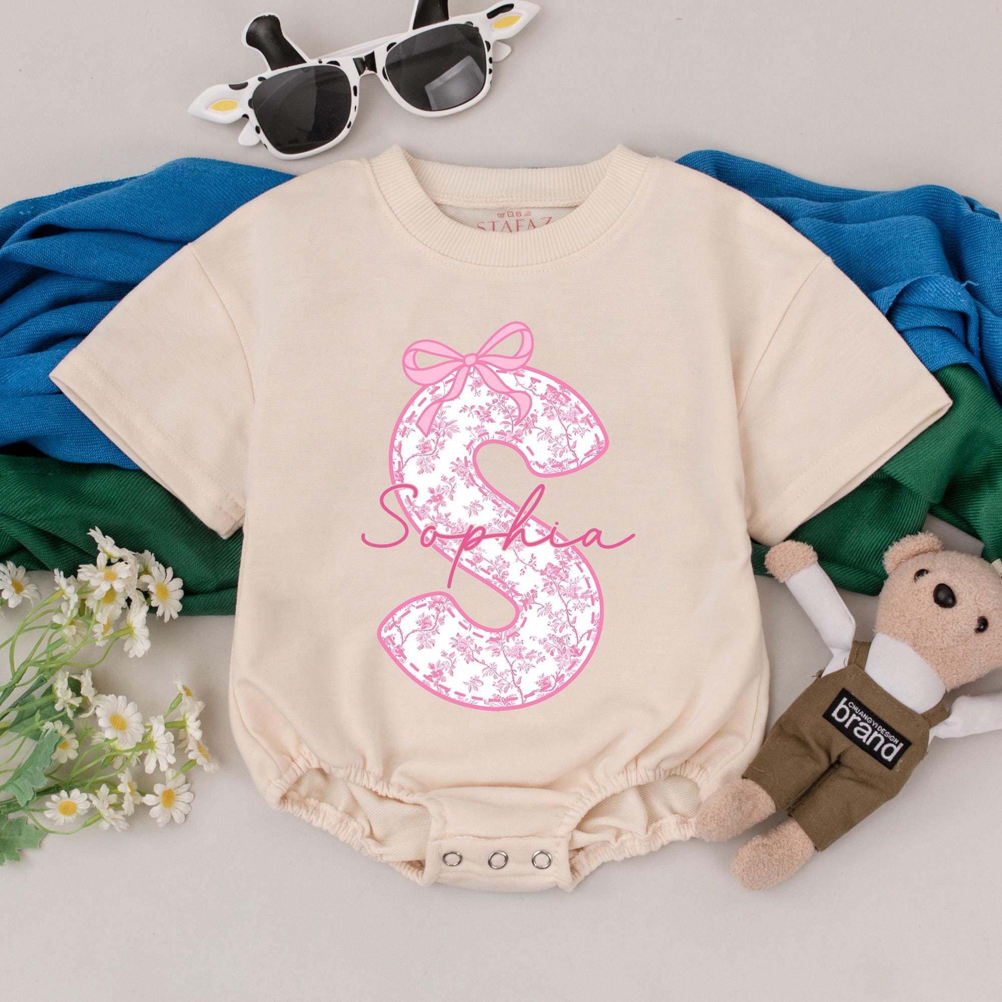 Personalized Sophia Bubble Romper Chinoiserie Floral Baby Girl Birthday Outfit Soft Pink Bow Custom Name Bodysuit Baby Shower Gift