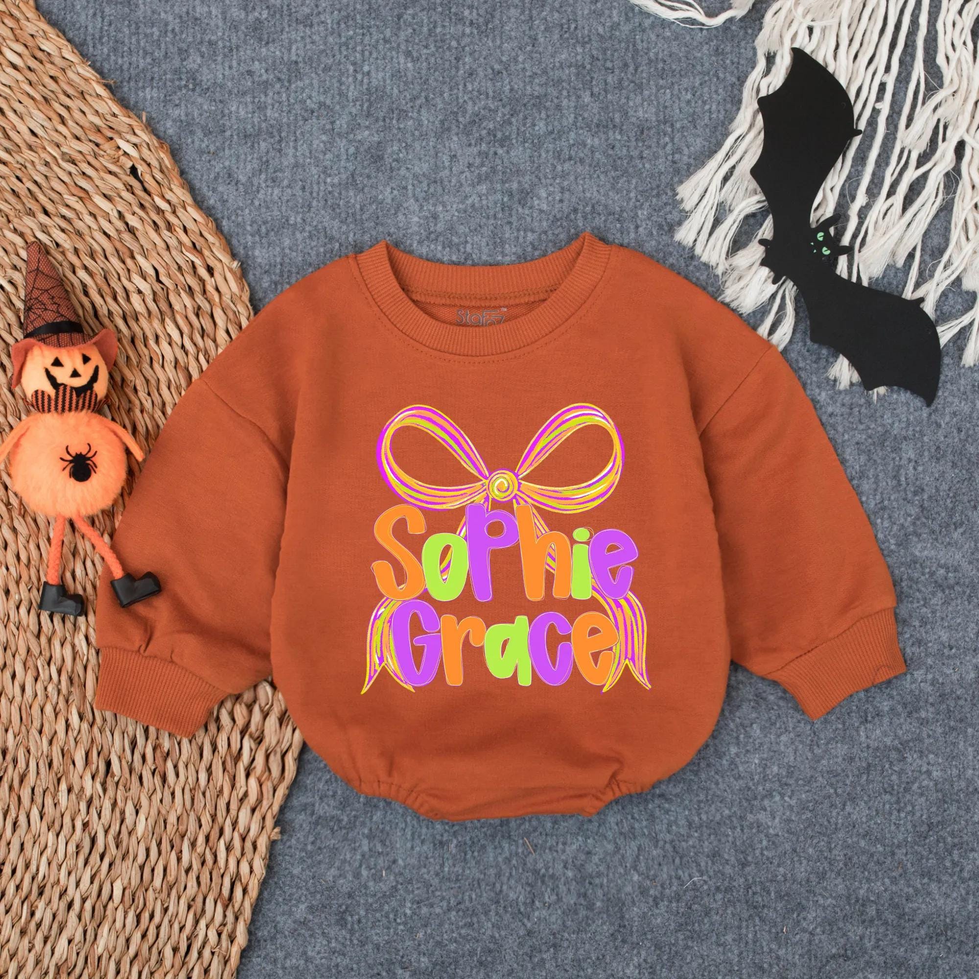 Personalized Sophie Grace Romper with Colorful Bow Halloween Outfit for Baby Girl Toddler 1st Birthday Soft Cotton Pumpkin Patch Gift