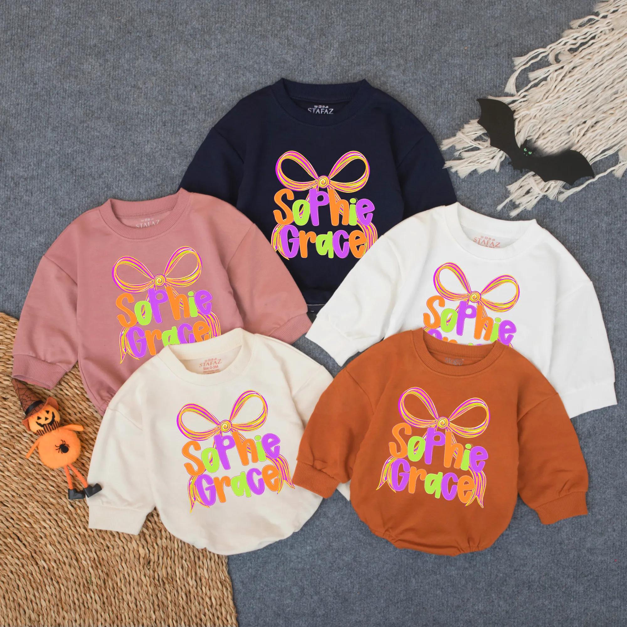 Personalized Sophie Grace Romper with Colorful Bow Halloween Outfit for Baby Girl Toddler 1st Birthday Soft Cotton Pumpkin Patch Gift