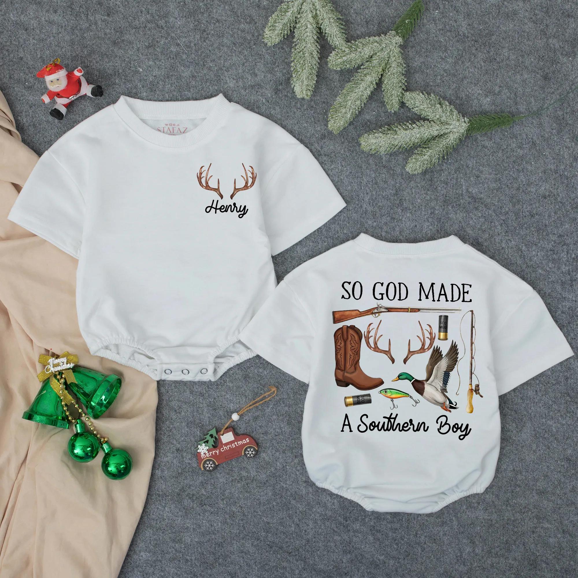 Personalized Southern Boy Bubble Romper Rustic Hunting Theme Infant Outfit Henry Name Outdoor Baby Gift Vintage Style Toddler Clothing