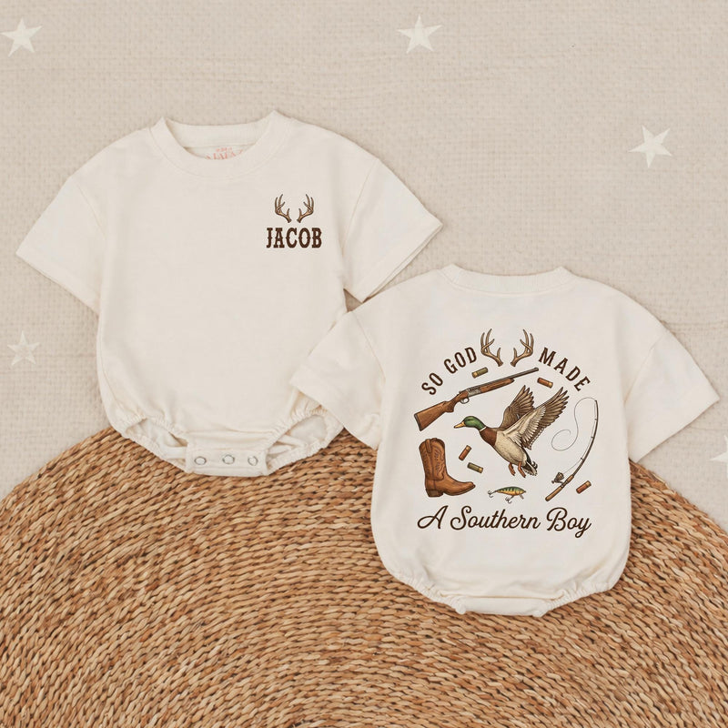 Personalized Southern Boy Romper with Hunting and Fishing Design, Custom Baby Outfit for Boys, Rustic Outdoorsy Gift, Soft and Comfortable