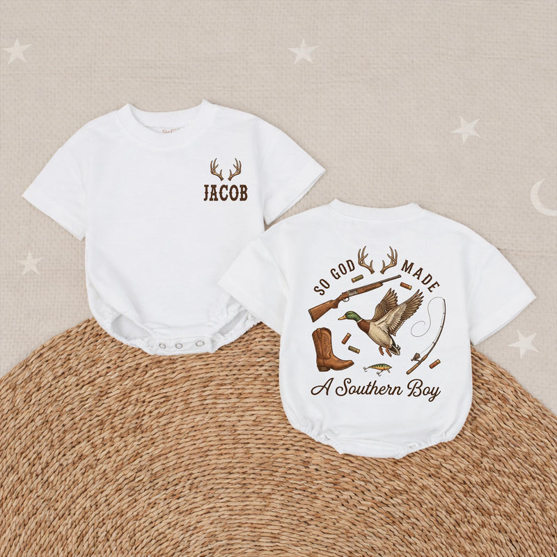 Personalized Southern Boy Romper with Hunting and Fishing Design, Custom Baby Outfit for Boys, Rustic Outdoorsy Gift, Soft and Comfortable