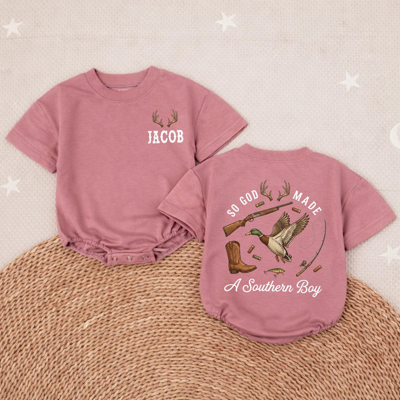 Personalized Southern Boy Romper with Hunting and Fishing Design, Custom Baby Outfit for Boys, Rustic Outdoorsy Gift, Soft and Comfortable