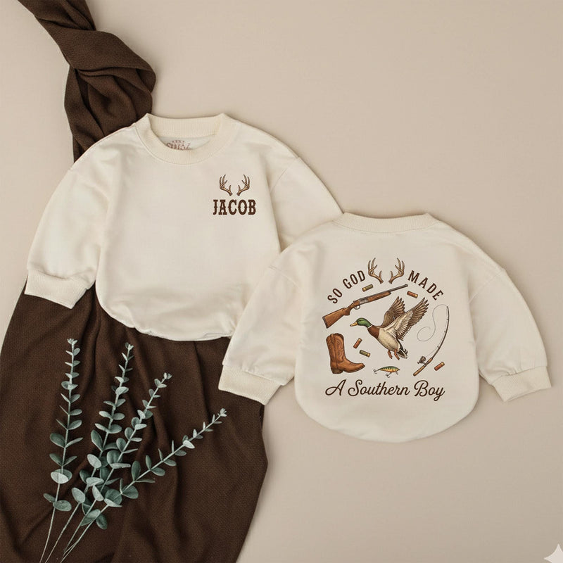 Personalized Southern Boy Romper with Hunting and Fishing Design, Custom Baby Outfit for Boys, Rustic Outdoorsy Gift, Soft and Comfortable