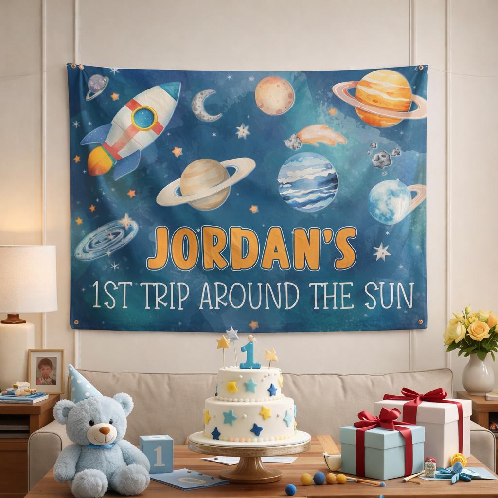 Personalized Space 1st Birthday Banner with Rocket Design Custom Name Outer Space Party Decor for Baby or Toddler First Trip Around Sun