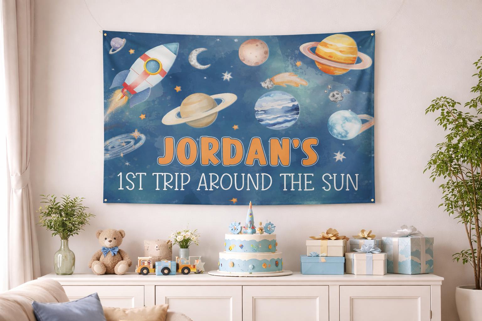 Personalized Space 1st Birthday Banner with Rocket Design Custom Name Outer Space Party Decor for Baby or Toddler First Trip Around Sun