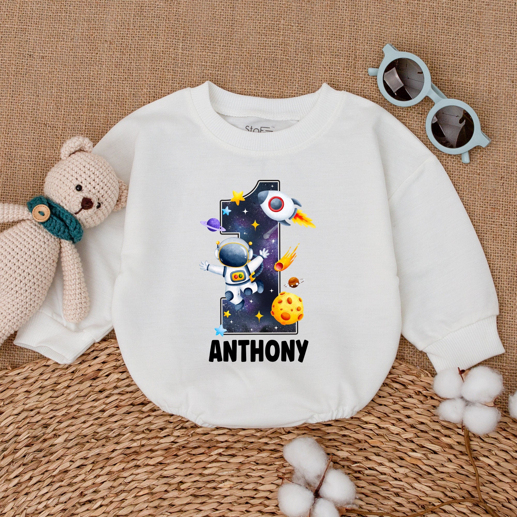 Personalized Space Adventure Romper with Astronaut and Rocket Fun Baby 1st Birthday Outfit Anthony Design Soft Cotton Gift for Infant