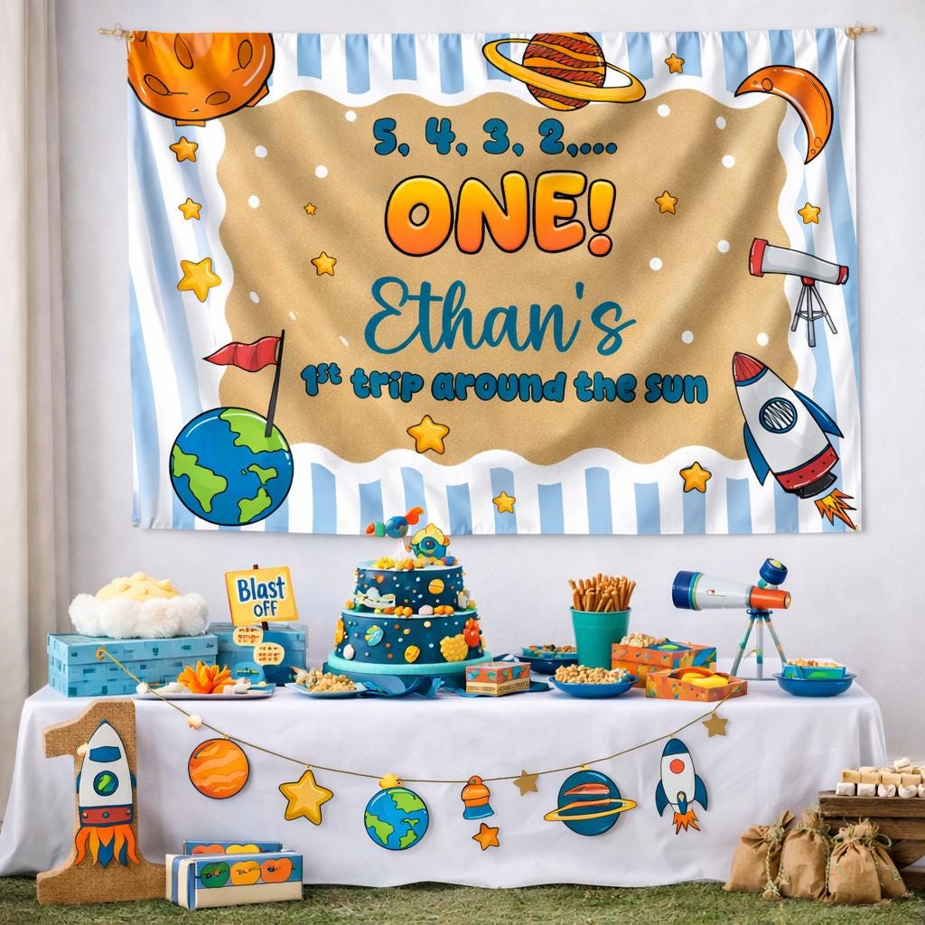 Personalized Space Birthday Banner for Baby Boy's First Trip Around the Sun Celebration, Custom Name Party Decor with Rocket and Stars