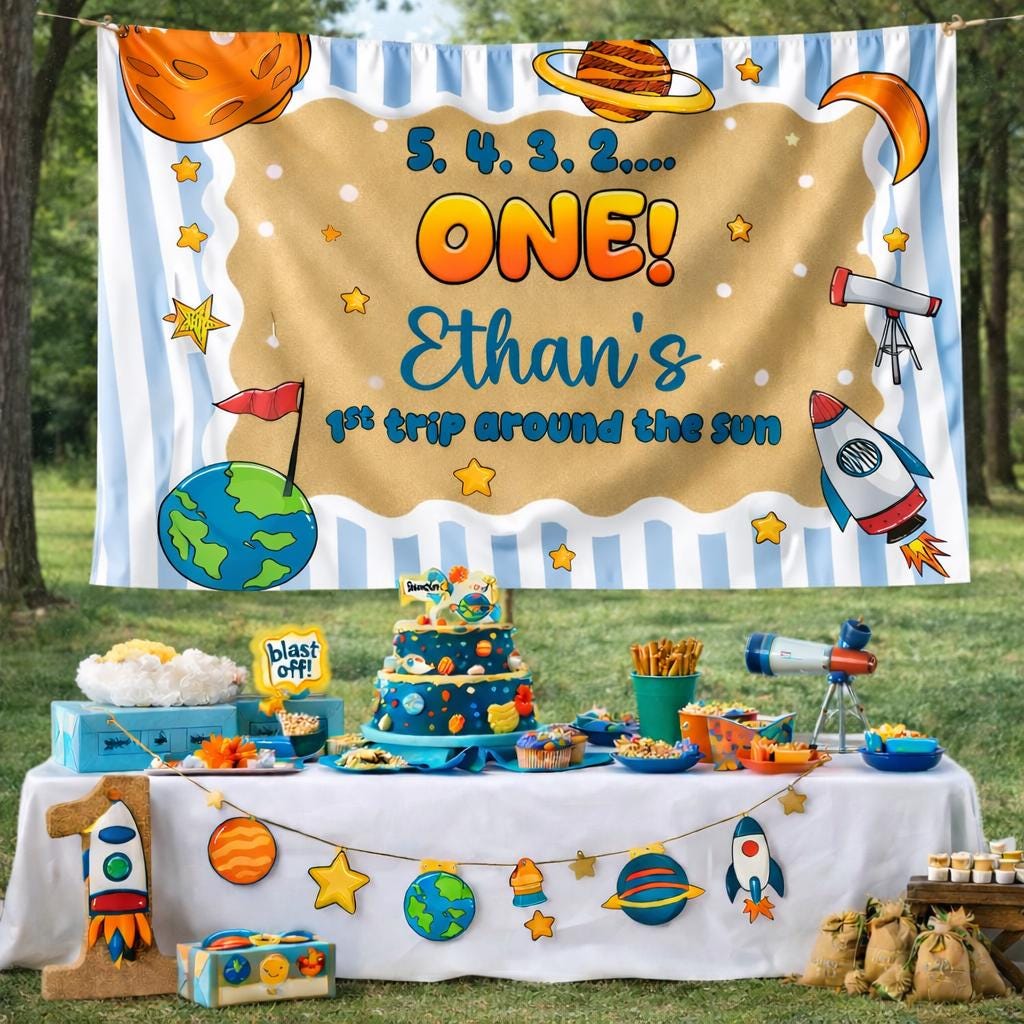 Personalized Space Birthday Banner for Baby Boy's First Trip Around the Sun Celebration, Custom Name Party Decor with Rocket and Stars