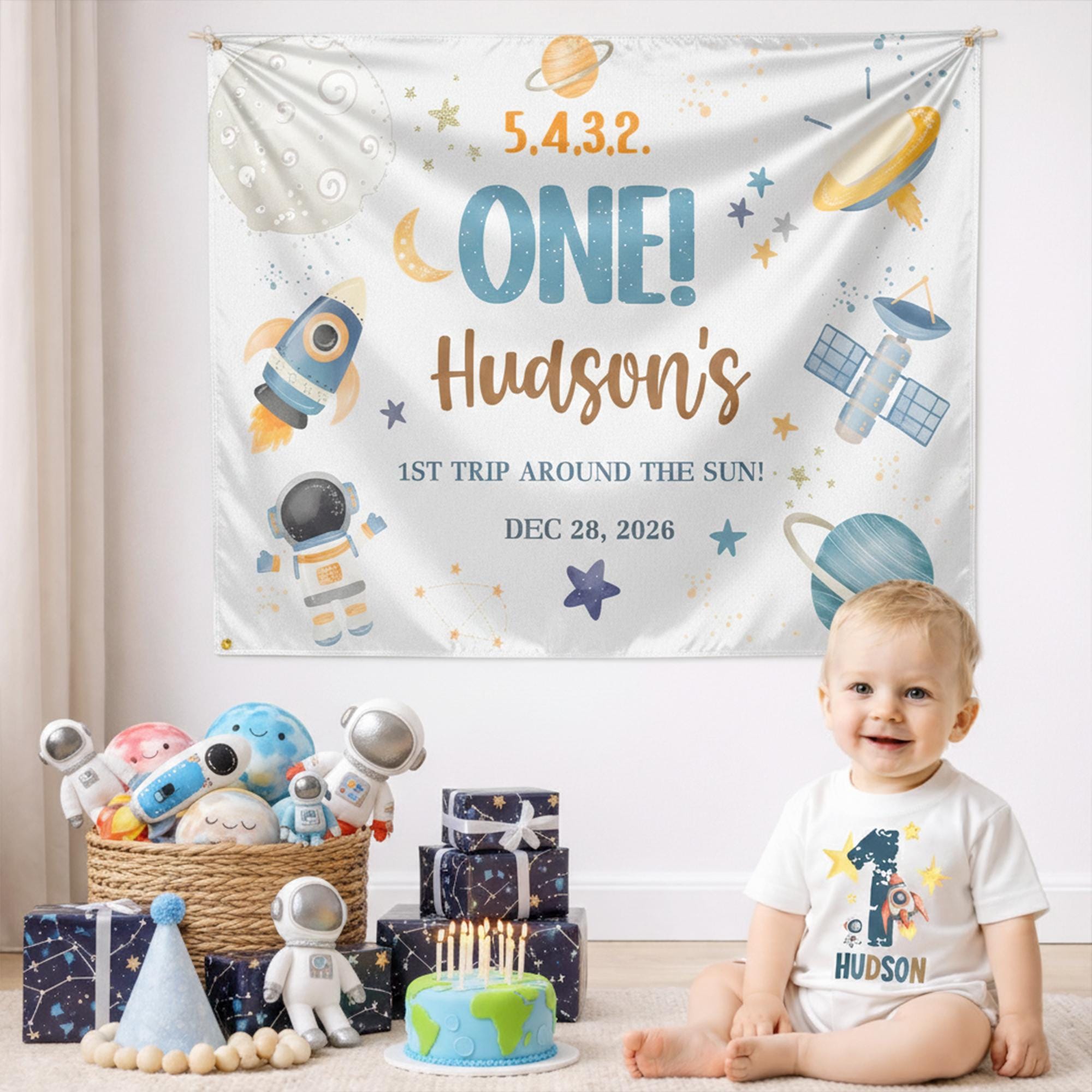Personalized Space First Birthday Banner and Romper Set with Rocket Ship and Stars, Soft Silk Display for Baby Boy Party or Photo Backdrop