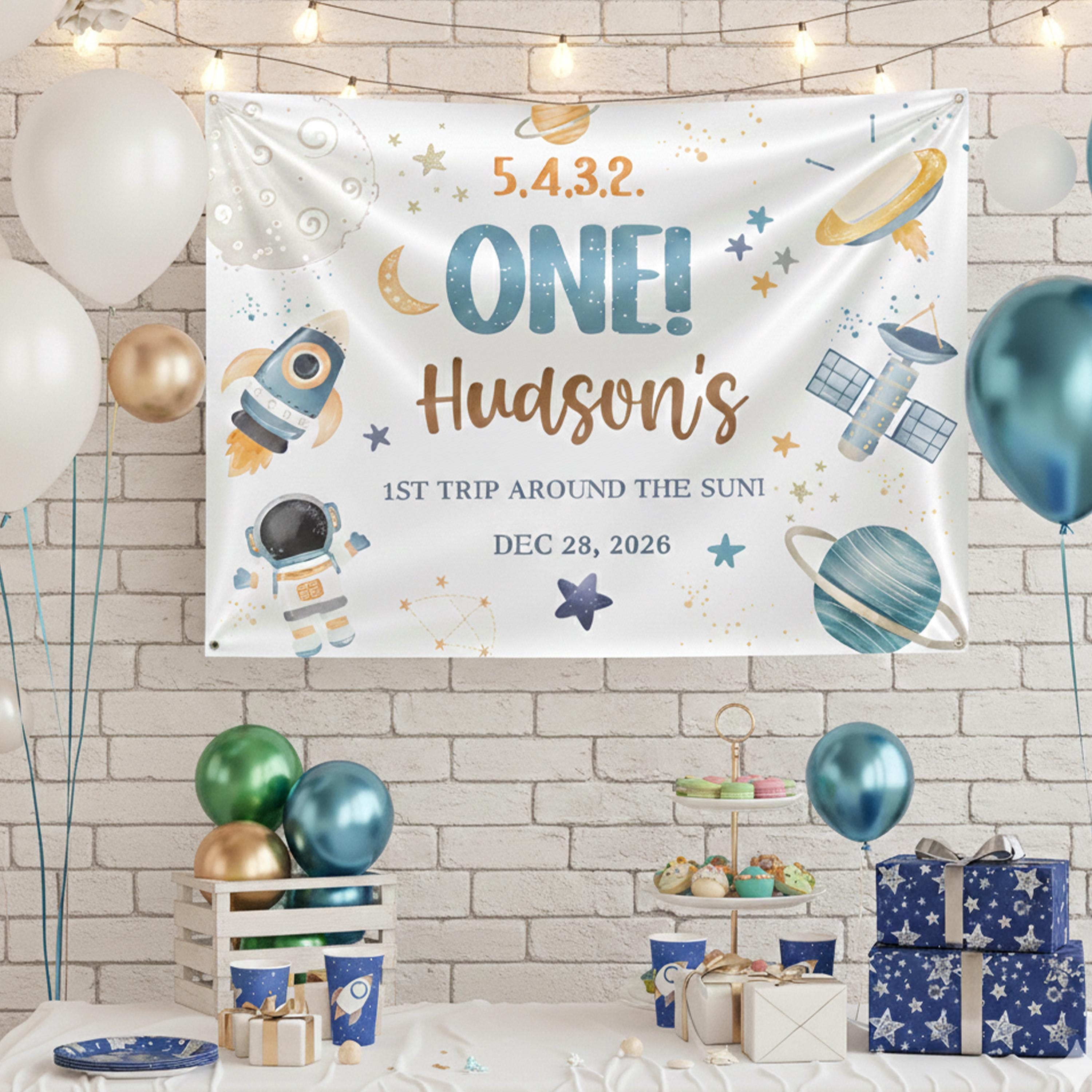 Personalized Space First Birthday Banner and Romper Set with Rocket Ship and Stars, Soft Silk Display for Baby Boy Party or Photo Backdrop