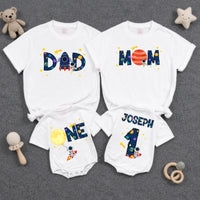 Personalized Space First Birthday Boy Romper and Family Shirts with Astronaut, Rocket, Planets, Stars, Custom Name and Age Celebration Outfit