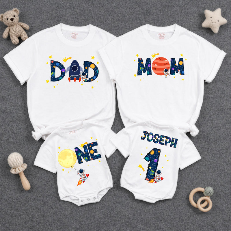 Personalized Space First Birthday Boy Romper and Family Shirts with Astronaut, Rocket, Planets, Stars, Custom Name and Age Celebration Outfit