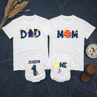 Personalized Space First Birthday Boy Romper and Family Shirts with Astronaut, Rocket, Planets, Stars, Custom Name and Age Celebration Outfit