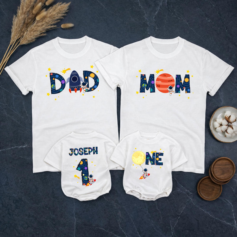 Personalized Space First Birthday Boy Romper and Family Shirts with Astronaut, Rocket, Planets, Stars, Custom Name and Age Celebration Outfit