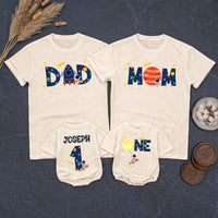 Personalized Space First Birthday Boy Romper and Family Shirts with Astronaut, Rocket, Planets, Stars, Custom Name and Age Celebration Outfit