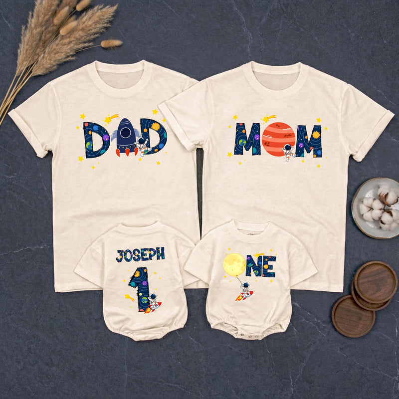 Personalized Space First Birthday Boy Romper and Family Shirts with Astronaut, Rocket, Planets, Stars, Custom Name and Age Celebration Outfit